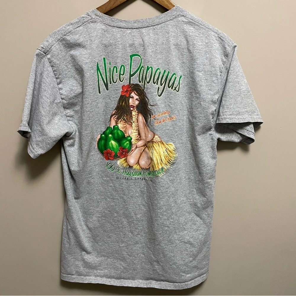 Woody’s Longboard Hawaii Nice Papayas Grey T-Shirt Men’s Medium Vintage Y2K